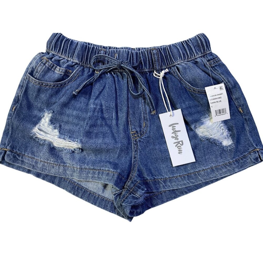 Indigo Rein Size 5 Curvy Super High Rise Denim Shorts Distressed Details & Elast
